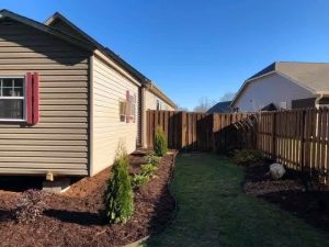 Narrow side yard landscaped with mulch beds, evergreen shrubs, and a curving lawn path beside tan house and wooden privacy fence.