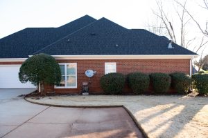 Neatly trimmed hedges and sculpted tree line the side yard of a brick home with a black roof, satellite dish, and dry winter lawn.